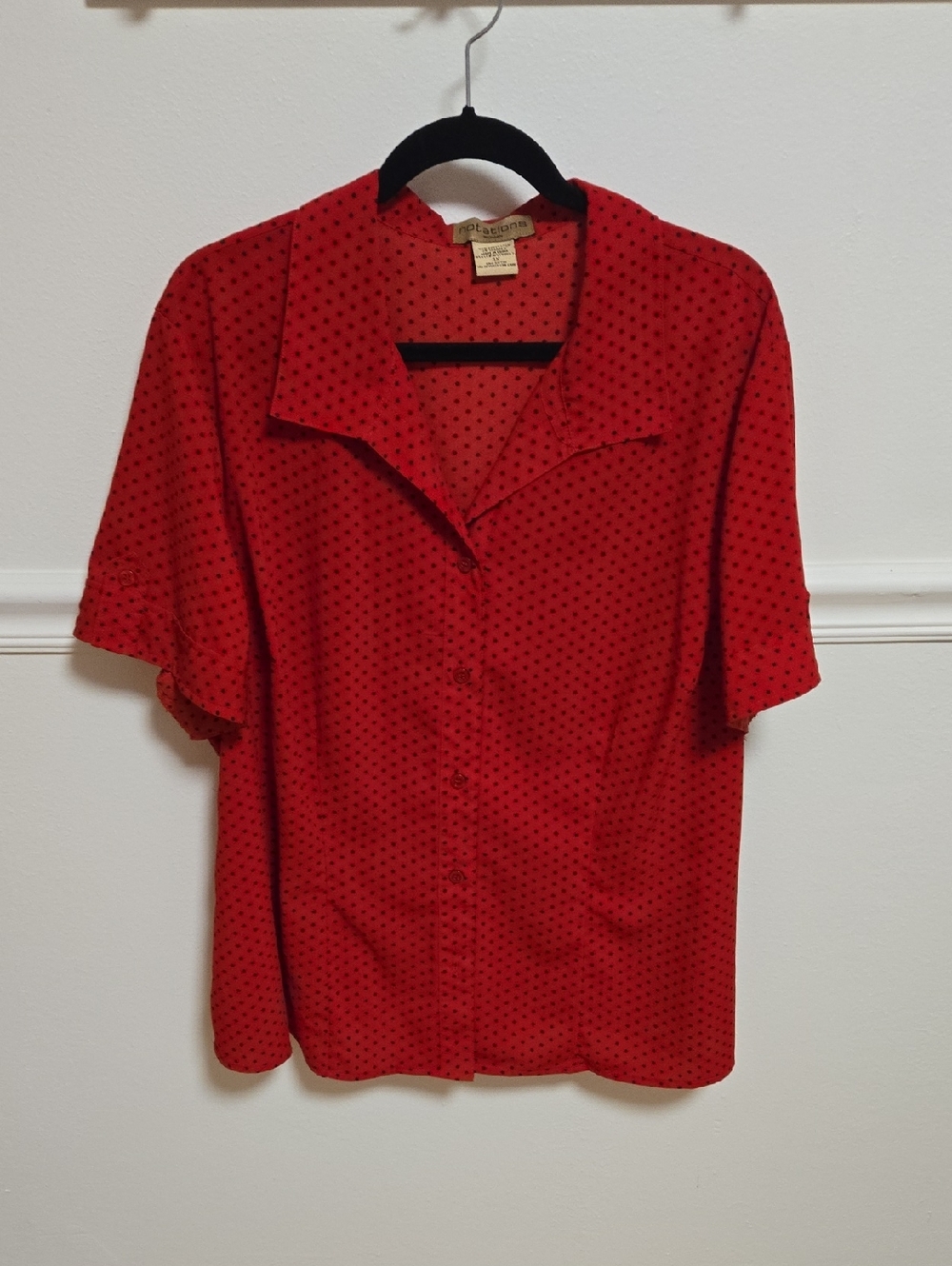 Notations Red Short-Sleeve Button-Up Shirt with Black Dot Print